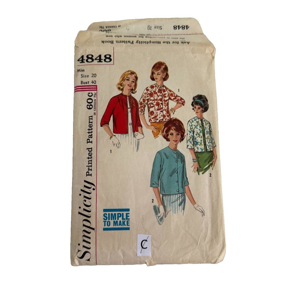 Vtg 60s Simplicity 4848 EASY PATTERN Collarless Jackets 3/4 Sleeves PLUS SIZE 20